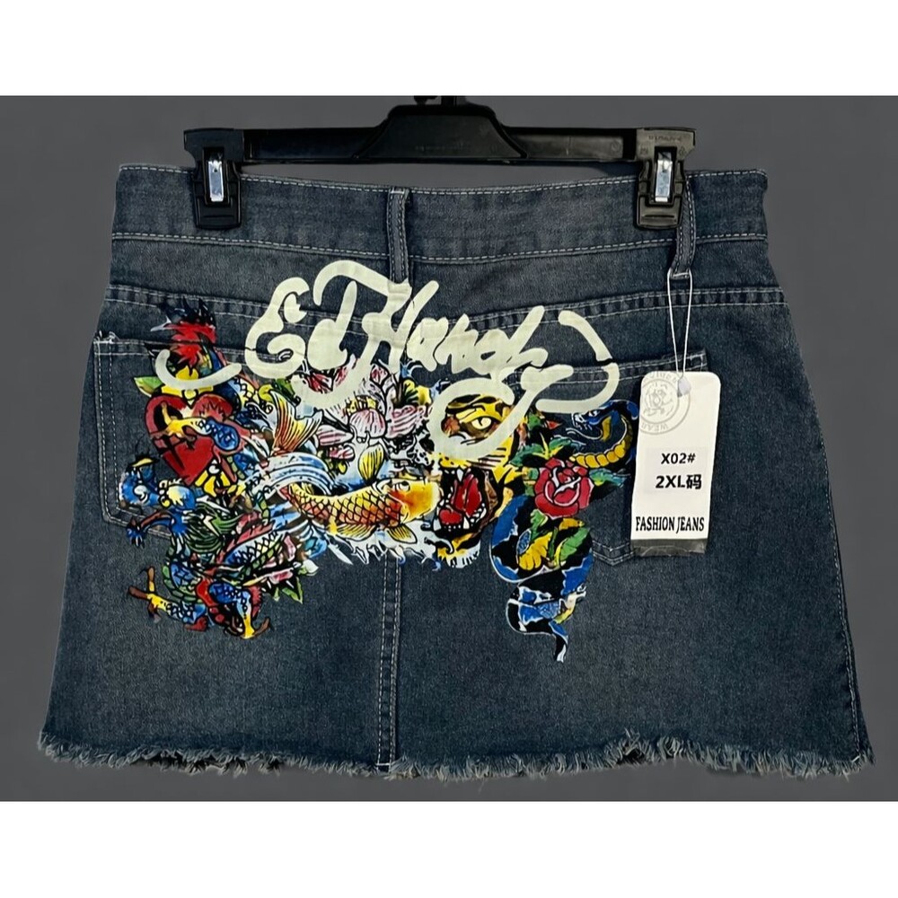 Y2K Tattoo Graphic Denim Skort 2XL Dragon Koi‎ Tiger Streetwear Street Aesthetic